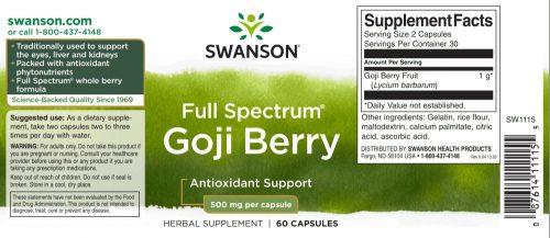 Swanson Goji Berry (Goji bogyó) 500mg 60 kapszula