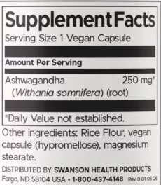 Swanson ASHWAGANDHA 250mg 100 vegán kapszula