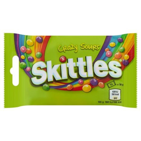 Skittles Crazy Sours savanyú gyümölcsízű cukordrazsé ropogós cukormázban 38 g