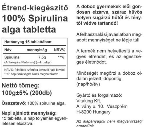 Vitaking Spirulina alga 500mg (200) tabletta