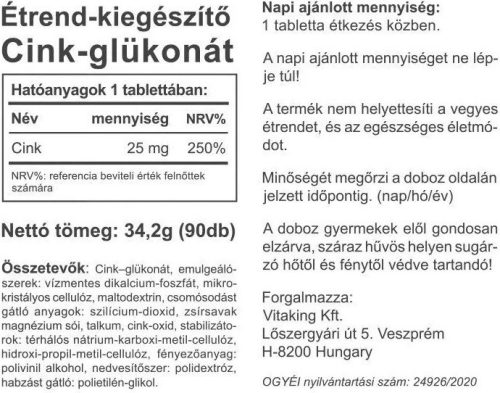 Vitaking Cink-glükonát 25 mg (90) tabletta