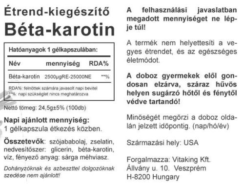 Vitaking Beta Carotine 15mg (100) lágykapszula