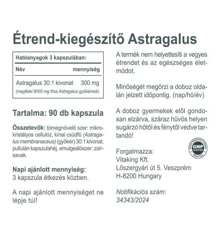 Vitaking Astragalus 9000mg/napi adag (90 ) vegán kapszula (Kínai csüdfű)