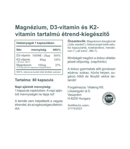 Vitaking MagneTrio D3+K2+ Magnézium biszglicinát (80) kapszula