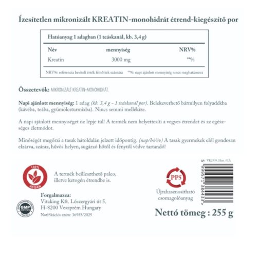 Vitaking 100% Kreatin monohidrát (natúr, mikronizált) 255g doypack