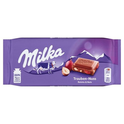 Milka alpesi tejcsokoládé mazsolával és mogyoródarabokkal 100 g