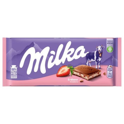 Milka alpesi tej felhasználásával készült tejcsokoládé eperízű krémmel töltve 100 g