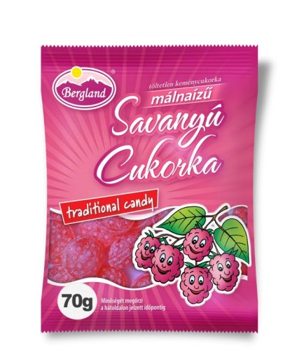 Bergland málna ízű savanyú töltetlen keménycukorka 70g