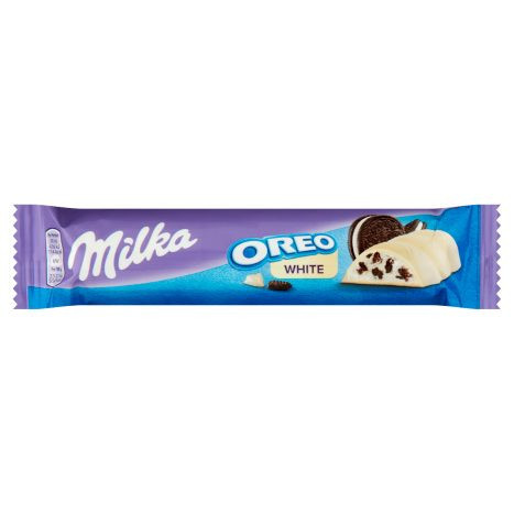 Milka Oreo White fehér csokoládé kakaós kekszdarabokkal és vaníliaízű tejes krémtöltelékkel 41 g