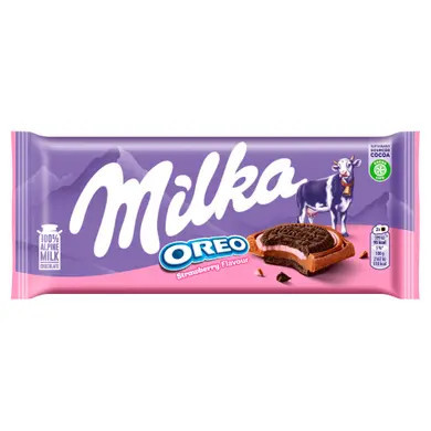 Milka Oreo Sandwich kakaós kekszek eperízű krémtöltelékkel alpesi tejcsokoládén 92 g