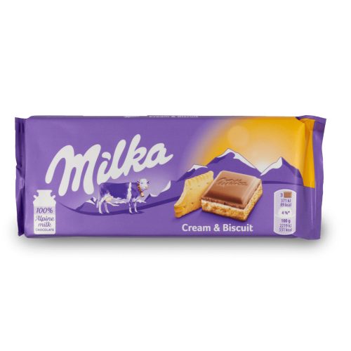 Milka Cream & Biscuit, alpesi tejcsokoládé kakaós-tejes krémtöltelékkel és keksszel töltve 100 g