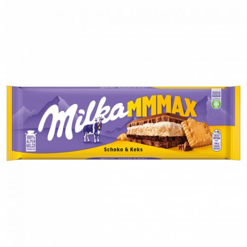 Milka Mmmax alpesi tejcsokoládé kakaós-tejes krémtöltelékkel és keksszel töltve 300 g