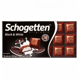   Schogetten Black & White tejcsokoládé vaníliakrém-töltelékkel és kakaós kekszdarabokkal 100 g