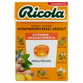   Ricola svájci alpesi gyógynövényekkel készült cukormentes gyömbér-narancsmenta cukorkák 40 g