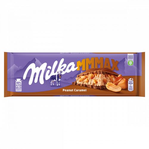 Milka Mmmax földimogyorós-karamellás alpesi tejcsokoládé földimogyoró darabokkal és rizzsel 276 g