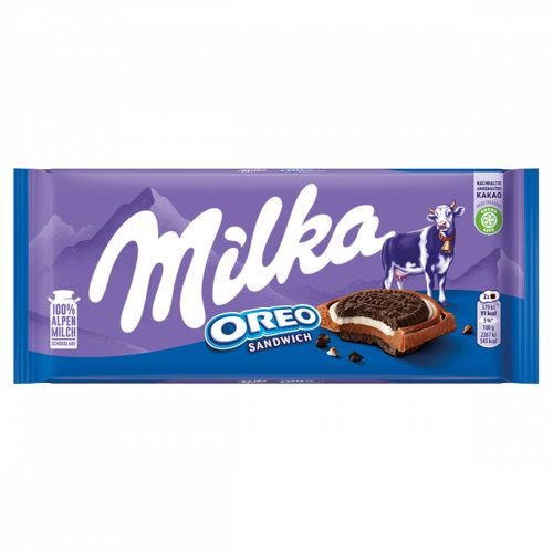 Milka Oreo Sandwich kakaós kekszek vaníliaízű, tejes krémtöltelékkel alpesi tejcsokoládén 92 g