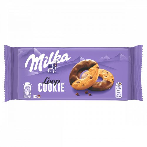 Milka Cookie Loop keksz csokoládédarabokkal tejcsokoládéval részben mártva 132 g