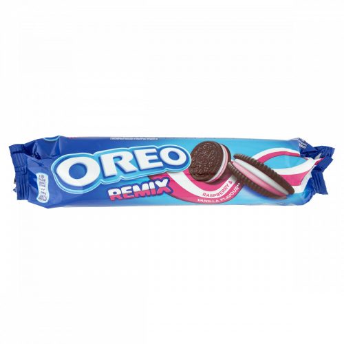 Oreo Remix vaníliaízű és málnaízű töltelékkel töltött kakaós keksz 157 g