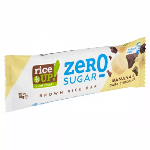 RiceUp! Zero Sugar puffasztott teljes kiőrlésű barna rizsszelet banános ízű étcsokoládéval 18 g