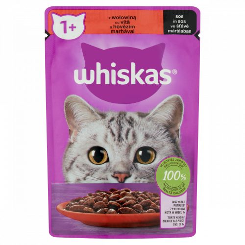 Whiskas 1+ teljes értékű nedves eledel felnőtt macskáknak marhával mártásban 85 g