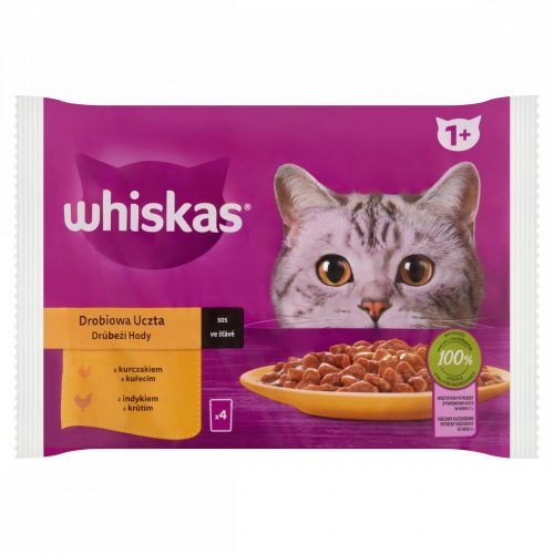 Whiskas 1+ Baromfi Lakomák teljes értékű nedves eledel felnőtt macskáknak 4 x 85 g (340 g)