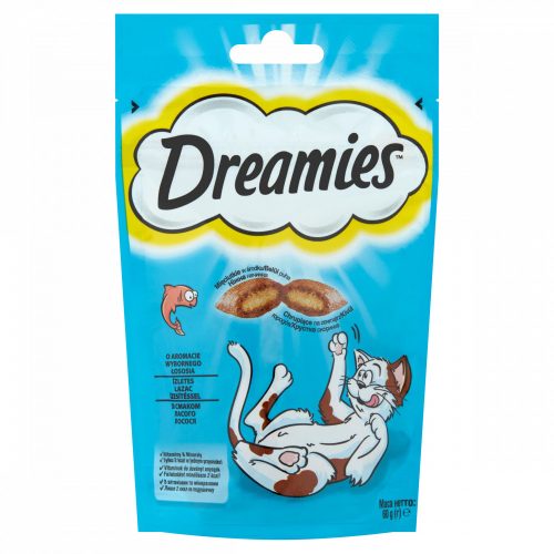 Dreamies kiegészítő macskaeledel lazac ízzel felnőtt macskáknak & 8 hetesnél idősebb kölyköknek 60 g